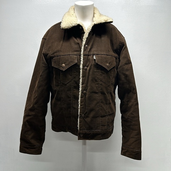 Levi’s Coat Sherpa Lined Jacket Corduroy Brown Snap Vintage USA Made Men's 40 - Picture 1 of 10